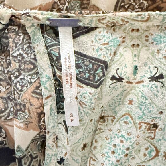 Free People Brown Cream Boho Sheer Shift Dress Chiffon Peasant Sleeves Sz S - Picture 3 of 8